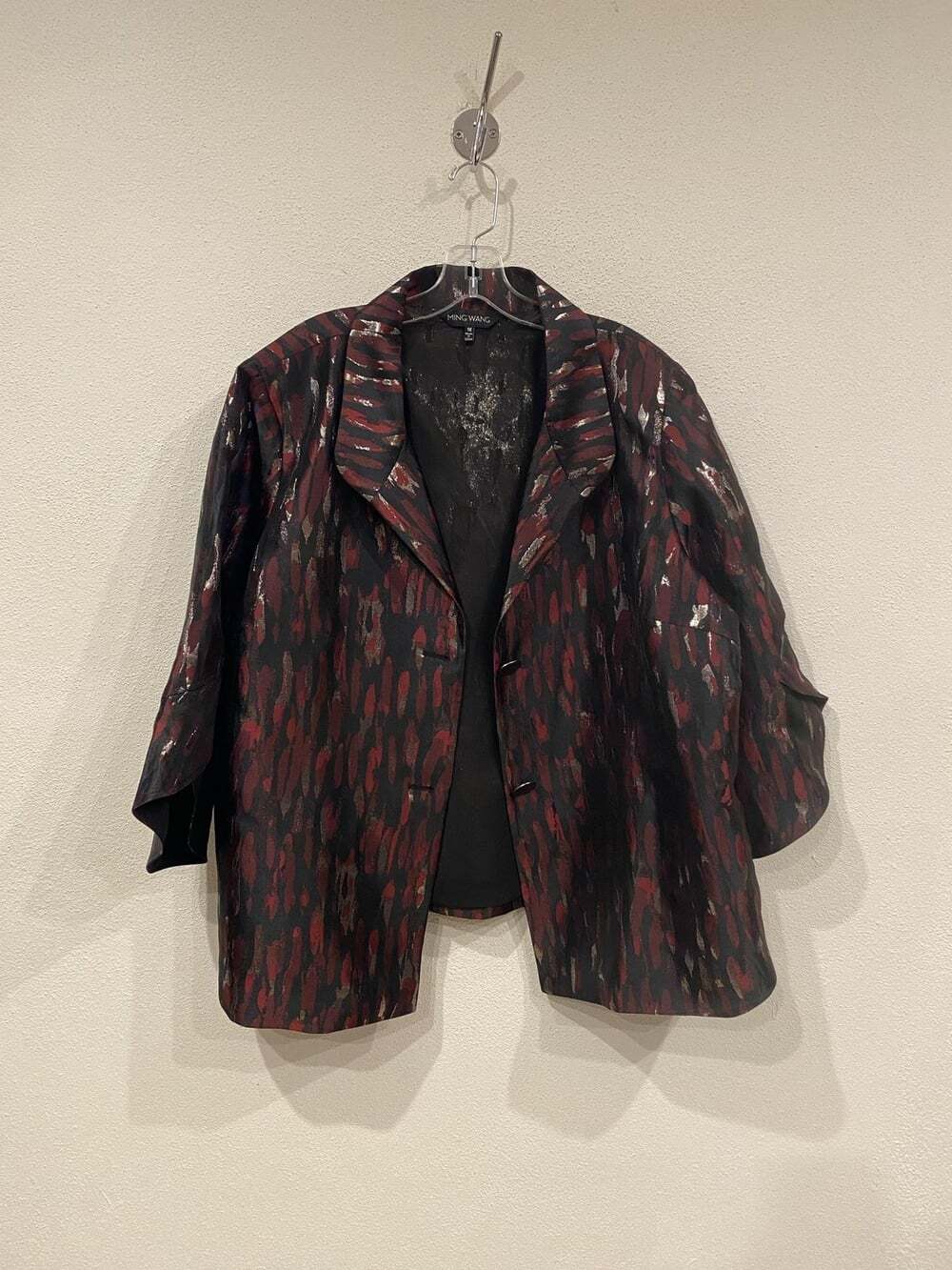 Ming Wang Jacket Womens 1X Black Red Geometric Satin 3/4 Sleeve Collared Button